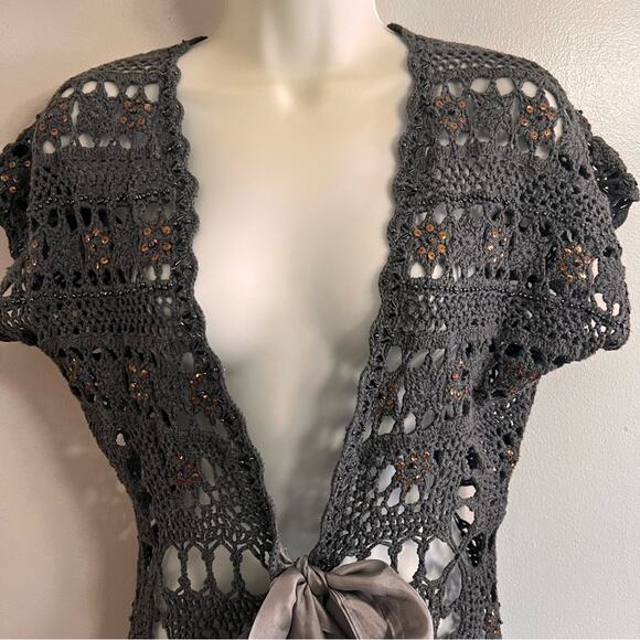 Boston Proper | XS Smoky Gray Lacy Crochet Look Open Weave Cardigan, Fabric Bow - Picture 2 of 16